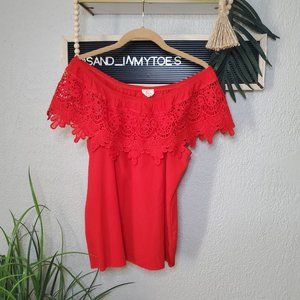Tovia I Red Ladies Lace/Crochet Ruffled edge off shoulder blouse Size M